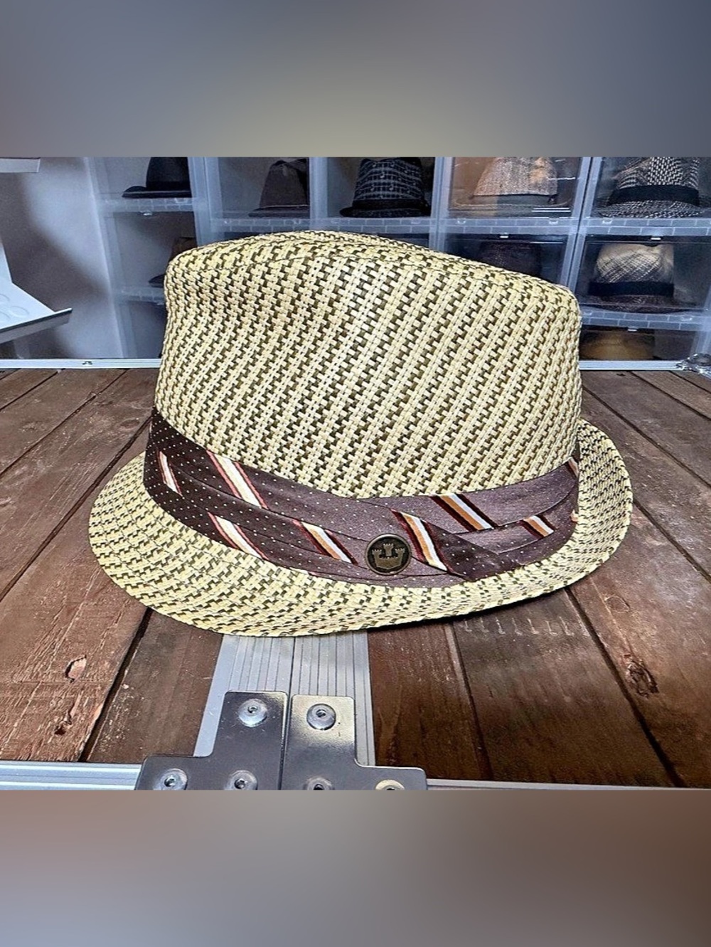 Goorin Bros Straw Fedora Natural Brown/Yellow Necktie Band Large